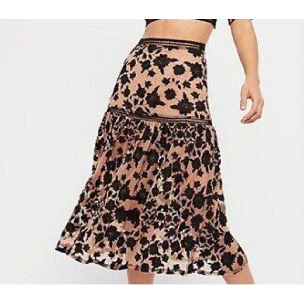 For Love and Lemons Womens Temecula Skirt Sz XS/S Black Beige Floral Lined Sheer